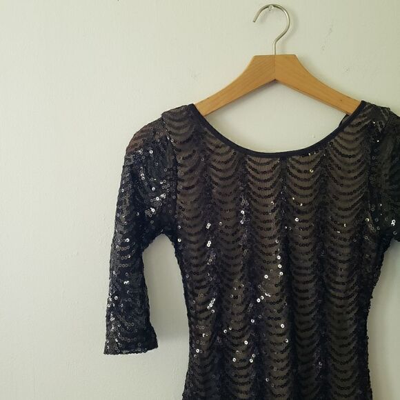 FINAL SALE Papaya Black Sequin Mini Dress Nude Lining S Art Deco - Picture 2 of 8